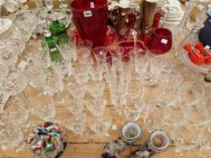 BRIERLEY AND OTHER DRINKING GLASS DECANTERS, CRANBERRY AND RUBY GLASS, TWO GLASS TABLE BELLS, ETC.