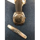 A GENTS SWISS STEEL WRISTWATCH TOGETHER WITH A SILVER MOUNTED PEN KNIFE