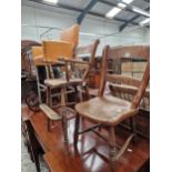 TWO VICTORIAN CHILDS CHAIRS AND A LATER METAL FRAMED HIGH STOOL.