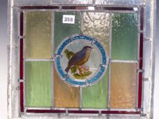 FOUR LEADED GLASS PANELS, EACH CENTRED BY A PAINTED BIRD ROUNDEL, THE LARGEST. 35.5 x 39.5cms.