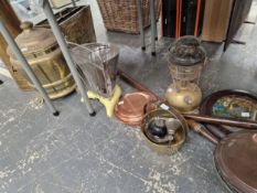 TWO COAL BUCKETS AND A MAGAZINE RACK, TOGETHER WITH WARMING PANS, A SMALL JAM PAN, TILLY LAMP ETC.
