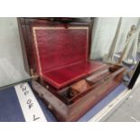 A 19th C. LINE EDGED MAHOGANY WRITING SLOPE WITH A DRAWER TO ONE SIDE