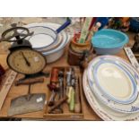 A GROUP OF VINTAGE KITCHEN WARES INCLUDING ENAMEL WARES, HERB CHOPPER, SCALES A COPPER KETTLE,