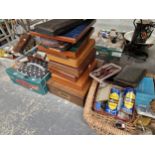 TEA WARES, VARIOUS CUTLERY BOXES, A TWO HANDLED BASKET, PRINTS, GLASSWARE, HALLMARKED SILVER HANDLED