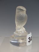 A LALIQUE FROSTED GLASS HAWK MENU HOLDER, THE BASE OF THE CIRCULAR FOOT INCISED LALIQUE FRANCE. H