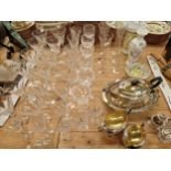 WATERFORD AND OTHER DRINKING GLASS, AN ELECTROPLATE THREE PIECE TEA SET, OTHER PLATE AND PORCELAIN