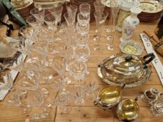 WATERFORD AND OTHER DRINKING GLASS, AN ELECTROPLATE THREE PIECE TEA SET, OTHER PLATE AND PORCELAIN