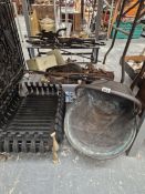 A 19th C. IRON FOOTMAN COPPER COAL SCUTTLE, A FIRE GRATE AND OTHER METAL WARES