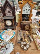 TWO VICTORIAN MANTEL CLOCKS FOUR OTHER CLOCKS, VARIOUS CUTLERY ETC.