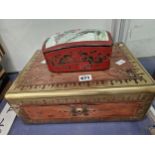A BRASS BOUND ROSEWOOD DRESSING BOX WITH INTERIOR RED LEATHER TRAY AND TOGETHER WITH A CHINESE