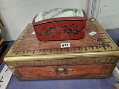 A BRASS BOUND ROSEWOOD DRESSING BOX WITH INTERIOR RED LEATHER TRAY AND TOGETHER WITH A CHINESE