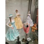 THREE WORCESTER FIGURES OF LADIES, ANOTHER ART DECO FIGURE AND A HUMMEL CONCERTINA PLAYER