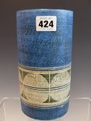 A TROIKA CYLINDRICAL VASE WITH BLUE BANDS ENCLOSING ANOTHER OF GREY CIRCLES. H 19cms.