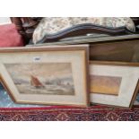 A WATERCOLOUR COASTAL SCENE SIGNED INDISTICTLEY TOGETHER WITH A MIRROR AND A PRINT