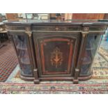 A VICTORIAN EBONISED AND INLAID GLAZED BOW SIDE CREDENZA