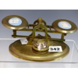 A SET OF BRASS LETTER SCALES AND WEIGHTS, THE PANS INSET WITH BLUE JASPER OVALS