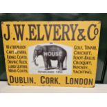 A J W ELVERY & CO. YELLOW GROUND ENAMEL SIGN FOR CLOTHES AND SPORTING ITEMS