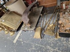 A VICTORIAN BRASS COAL BOX FIRE TOOLS AND A CHANDELIER