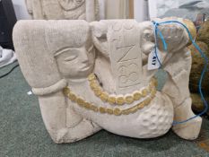 MICHAEL ROYDE-SMITH, ARR. A CARVED LIMESTONE RECLINING CHILD WEARING A GILT NECKLACE AND INSCRIBED