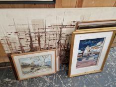 A LARGE DECORATIVE OIL ON CANVAS, SHIPS MASTS, TOGETHER WITH TWO WATERCOLOURS BY KEITH LAWRENCE, A