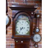 A 19th C. MAHOGANY CROSS BANDED OAK LONG CASED CLOCK, THE ARCH OF THE DIAL PAINTED WITH TWO COWS