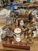 A COLLECTION OF STEINS, BRASS SCALES, AN ANEROID BAROMETER, A WINDSOR CASTLE CASED CLOCK, BRASS