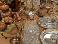 A QUANTITY OF COPPER BRASS AND SILVER PLATE TOGETHER WITH A SILVER MOUNTED BLOTTER.