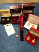 TWO CASED LADYS ROTARY WATCHES, STICK PINS, CUFFLINKS, CARDIN EARRINGS AND NAPIER PENDANT
