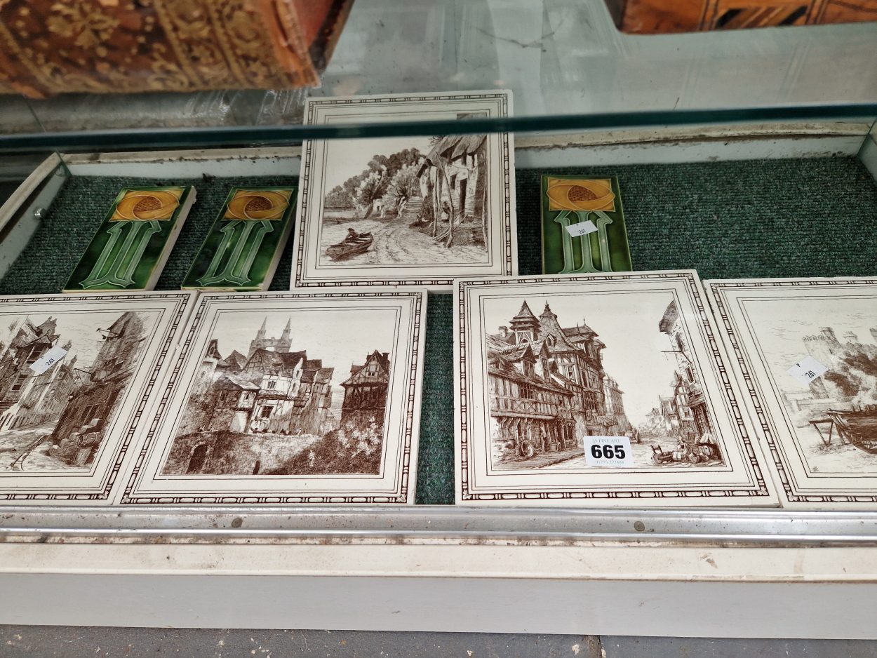 FIVE TILES WITH ENGRAVED VIEW AND THREE OTHERS