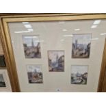 A GROUP OF FIVE SMALL ANTIQUE WATERCOLOURS SCENES IN STANFORD FRAMED AS ONE.