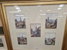 A GROUP OF FIVE SMALL ANTIQUE WATERCOLOURS SCENES IN STANFORD FRAMED AS ONE.