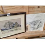 A CHARCOAL NUDE STUDY BY ALBERT SIMMONS, A SMALL WATERCOLOUR SIGNED HUDDLESTON AND A FRAME