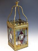 A VICTORIAN BRASS AND STAINED GLASS HALL LANTERN.