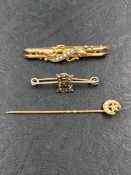 TWO ANTIQUE SEED PEARL BROOCHES AND A STICK PIN. ALL UNHALLMARKED, ALL ASSESSED AS 9ct GOLD. GROSS