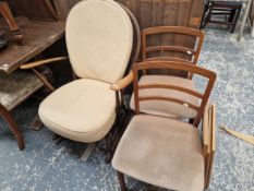 A PAIR OF G PLAN DINING CHAIRS AND AN ERCOL ROCKING CHAIR.