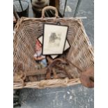 A LARGE LOG BASKET, PAIR OF FIRE DOGS, WROUGHT IRON HOOKS AND A GARDEN GNOME, AND TWO PRINTS