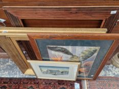 A LARGE VICTORIAN GILT FRAME, TWO WATERCOLOURS AND A ANOTHER FRAME