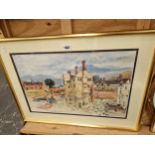 A LARGE WATERCOLOUR OF A MOATED COUNTRY MANOR SIGNED DAVID BIRTWHISTLE.