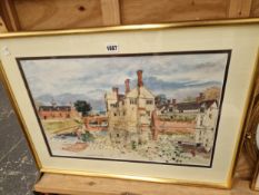 A LARGE WATERCOLOUR OF A MOATED COUNTRY MANOR SIGNED DAVID BIRTWHISTLE.