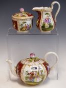 A HELENA WOLFSOHN CROWN DRESDEN THREE PIECE TEA SET, EACH PAINTED WITH WINE RED GROUND FLORAL PANELS