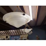 A SET OF THREE FROSTED GLASS CEILING LIGHT SHADES, THE INVERTED CONICAL SHAPES WITH BROAD RIMS. Dia.