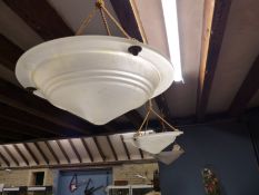 A SET OF THREE FROSTED GLASS CEILING LIGHT SHADES, THE INVERTED CONICAL SHAPES WITH BROAD RIMS. Dia.