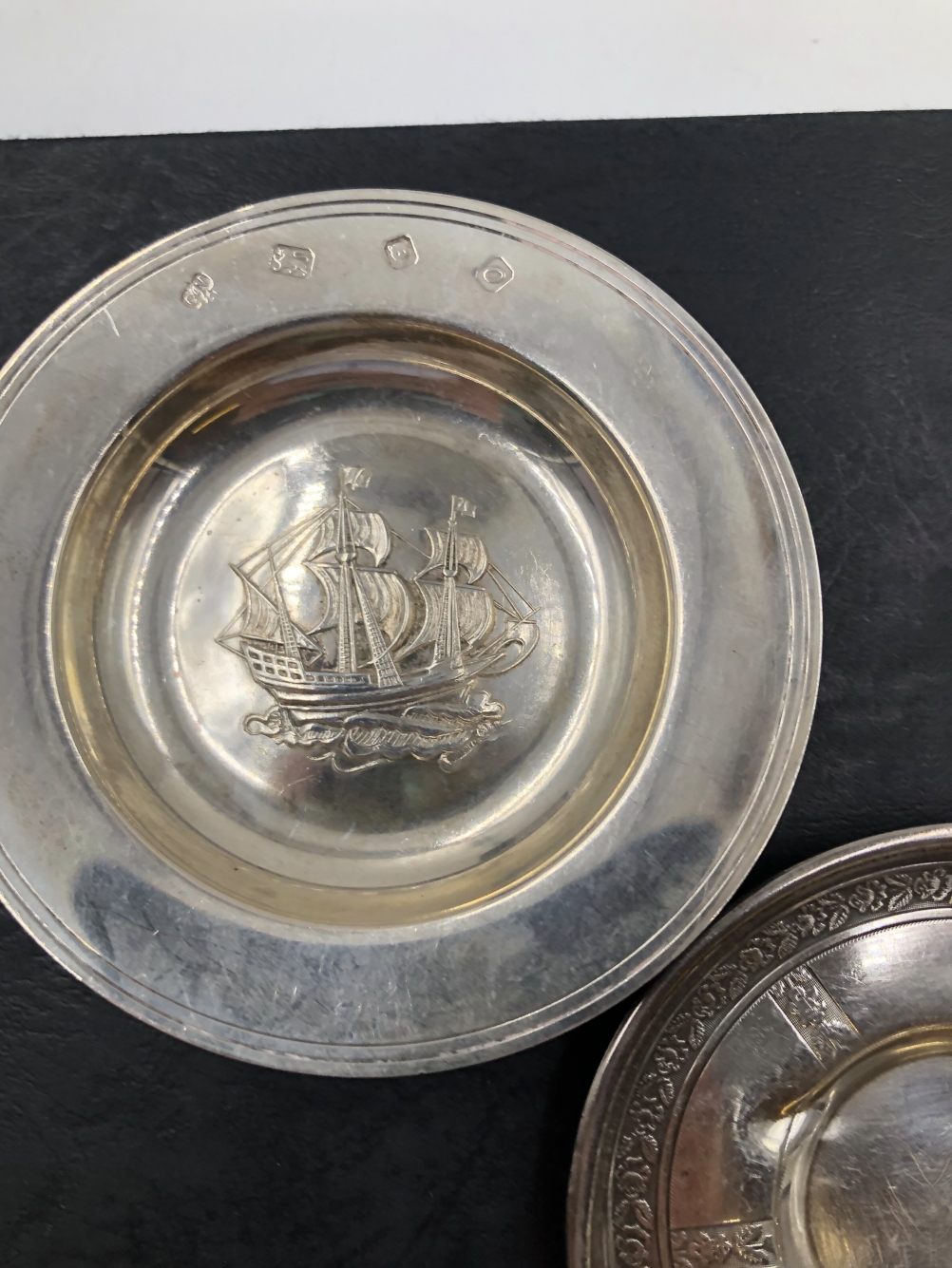 A FRENCH, CHARLES BARRIER, MINERVA HEAD SILVER EGG CUP TRAY, TOGETHER WITH A HALLMARKED SILVER - Image 2 of 3