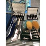 CASED SILVER DESSERT AND TEA SPOONS, SILVER BACKED DRESSING TABLE ITEMS, A CASED PAIR OF