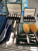 CASED SILVER DESSERT AND TEA SPOONS, SILVER BACKED DRESSING TABLE ITEMS, A CASED PAIR OF