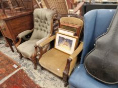 TWO VICTORIAN SHOW FRAME ARMCHAIRS AND A LATER WING BACK CHAIR.