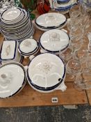 A VINTAGE BLUE AND WHITE DINNER SERVICE AND GLASSWARE'S.