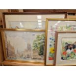 A WATERCOLOUR OF OXFORD HIGH STREET BY A L STRINGER, A PRINT BY MAJORIE LESTER AND TWO FURTHER WATER