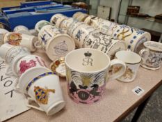 A COLLECTION OF VINTAGE WEDGWOOD AND OTHER COMMEMORATIVE OVERSIZED MUGS INCLUDING ERIC RAVILIOUS