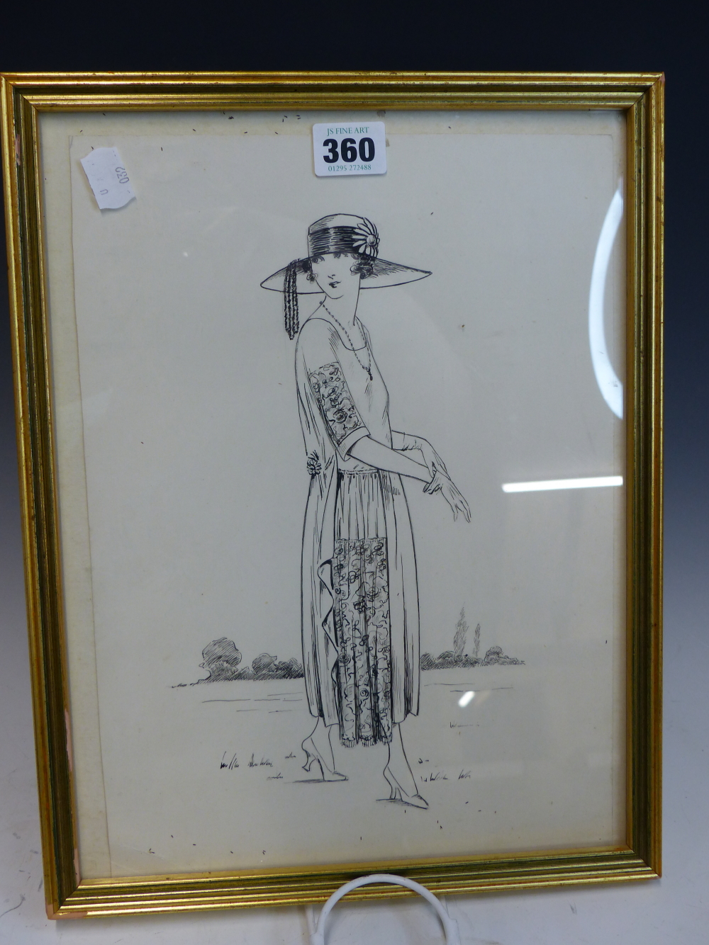 ATTRIBUTED TO ELLEN DYER, A 1920S LADY WALKING AS SHE PUTS ON HER GLOVES, PEN AND INK. 33 x 23cms. - Image 2 of 2